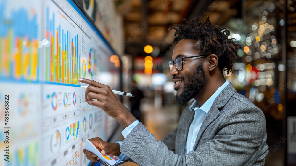 Poster a businessman analyzing colorful graphs on a digital display in an office setting, indicating data a