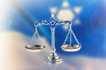 Silver Scales of Justice with decorative details, symbolizing law and order, against a blue bokeh background.