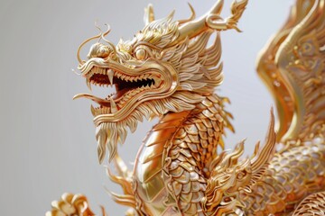 Fototapeta na wymiar A stunning golden dragon statue against a white backdrop. Perfect for cultural or fantasy themed designs