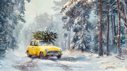 A festive yellow car with a Christmas tree on the roof. Perfect for holiday season designs