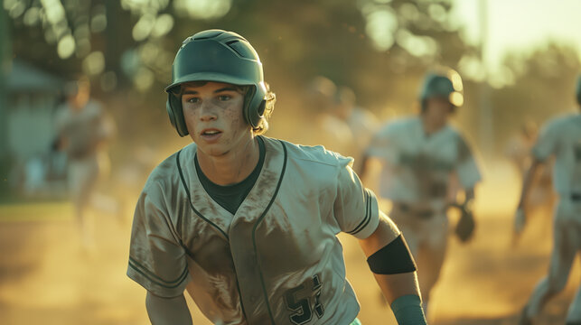 A focused baseball player during a game, backlit by the setting sun, in action on a dusty field, showcasing the intensity of sports. Generative AI