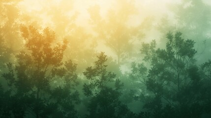 Fototapeta na wymiar Mystical Forest in Fog, Sunlit Trees and Greenery, Ethereal Woodland Scene