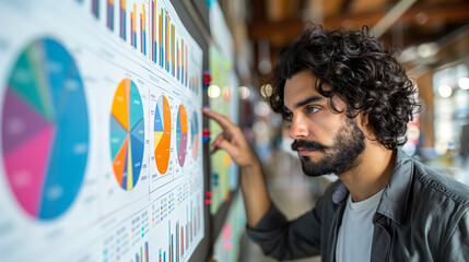 A businessman analyzing colorful charts and graphs on a board, concept of business analysis, Generative AI.