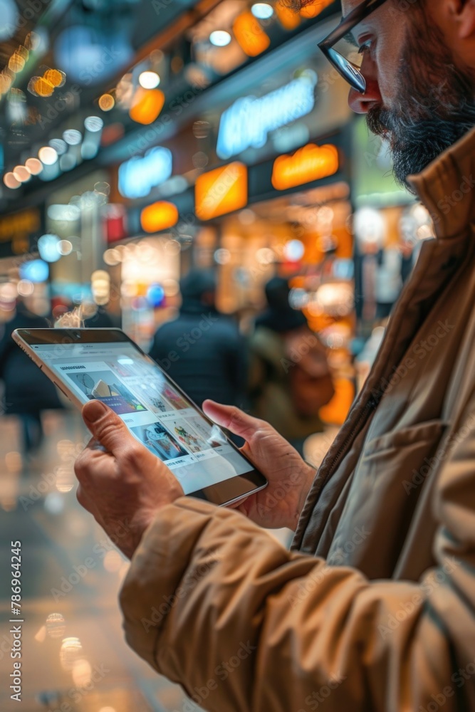 Poster a man holding a tablet computer, suitable for technology concepts