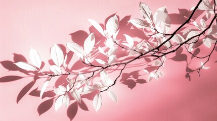 Leaf Branch Silhouette in White against Pink Background