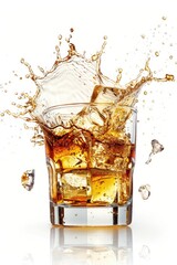 A glass filled with liquid and ice cubes, suitable for various beverage concepts