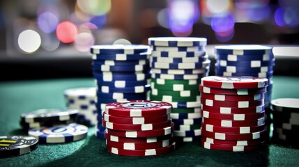 Casino Concept background with dice, golden coins, cards, roulette and chips.