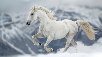 Fototapeta premium A white horse galloping in the snow with a mountainous backdrop, conveying a sense of freedom and power. Generative AI