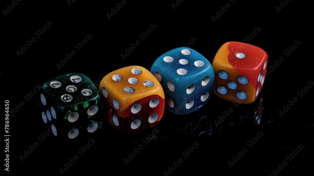 Poster four dice sitting on a table, suitable for various concepts