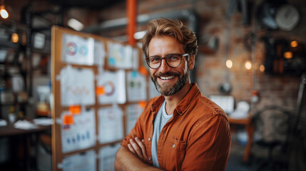 Smiling man in glasses standing in front of a board with diagrams and charts, concept of business analysis. Generative AI - 786964617
