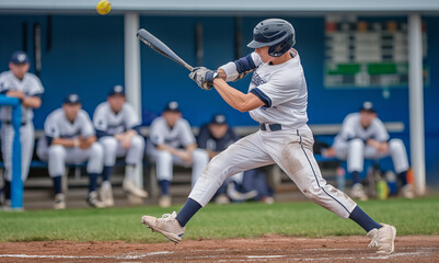 A man in baseball uniform hitting a ball, with players in the background, depicting a sports game on a field, Generative AI.
