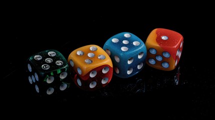 Four dice sitting on a table, suitable for various concepts