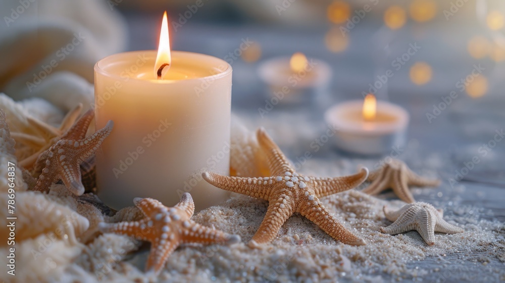 Poster a lit candle sitting on top of a pile of sand. suitable for various occasions and themes