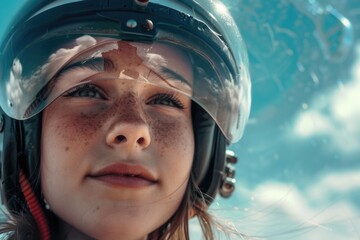 A young woman wearing a helmet and goggles, suitable for sports and adventure themes