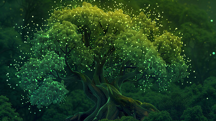 Emerald neuron canopy and lime sparks depict creativity's vigor on a brain tree.