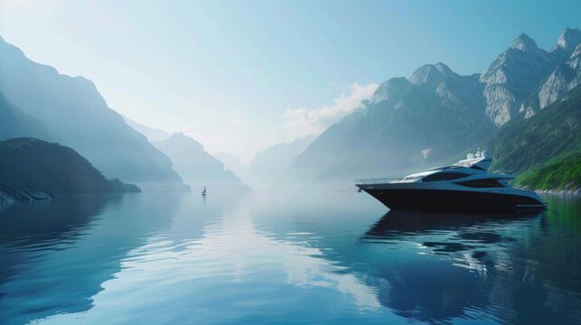 A serene image of a boat floating on calm waters, perfect for travel brochures or relaxation concepts
