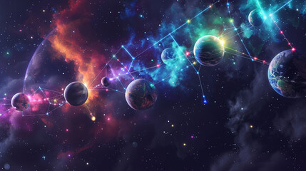 Glowing planetary bridges weave through space, a starlight-linked network.