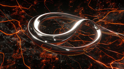 Stark cosmic space with a 3D chrome band and neon orange wires, dynamic energy.