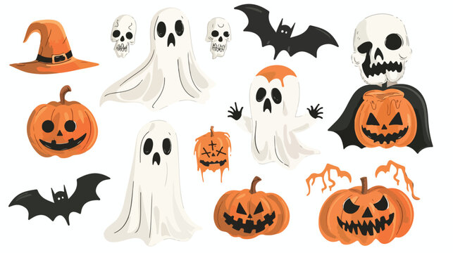 Set of Ghosts orange Pumpkins animal skulls. Halloween