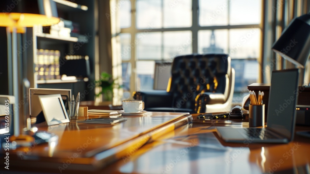 Poster A modern workspace with technology and refreshments. Ideal for business concepts