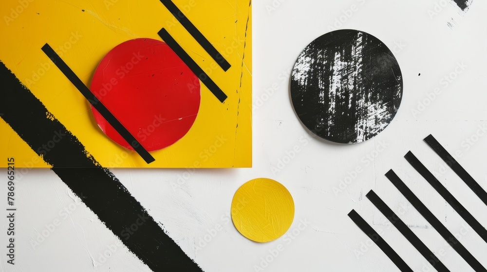 Poster minimalist black lines with yellow rectangle and red circle abstract art on white background