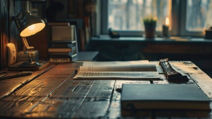 A simple desk setup with a book and lamp. Suitable for educational or office-related projects