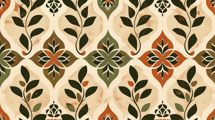 Moorish garden patterns, floral intricacy in ruby and gold on dusky pink.