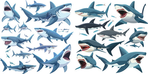 Marine predator fish mascot or big sea sharks creatures character. illustration isolated icons set - obrazy, fototapety, plakaty