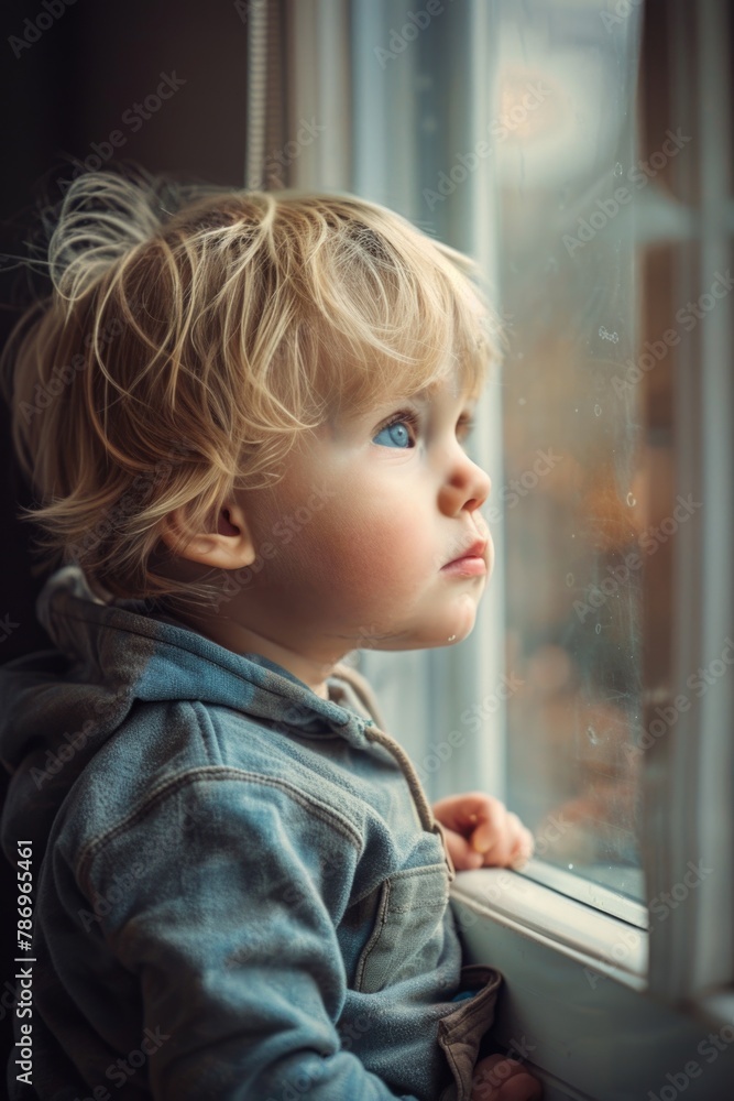 Poster a little boy peering out a window, suitable for various concepts