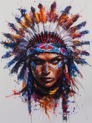 A vibrant portrayal of a person wearing a Native American headdress, splashed with dynamic, colorful paint