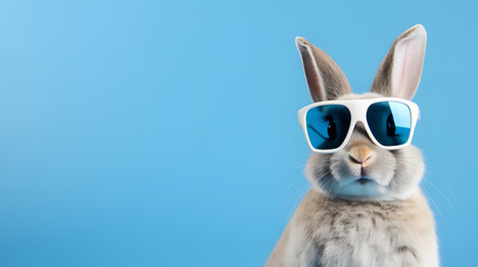 Closeup Cute Rabbit wearing sunglasses isolated on blue color backdrop with copy space for text 