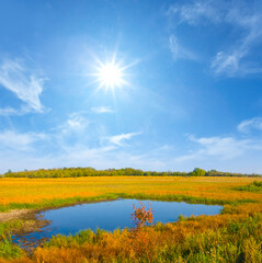 small blue lake among prairie under a sparkle sun