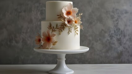 a three tiered wedding cake with flowers on a pedestal.