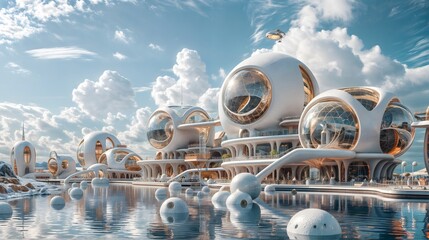 A fantastical Futuristic Architecture with fluffy white clouds on a bright blue sky, leaving space for your own summery adventure - obrazy, fototapety, plakaty