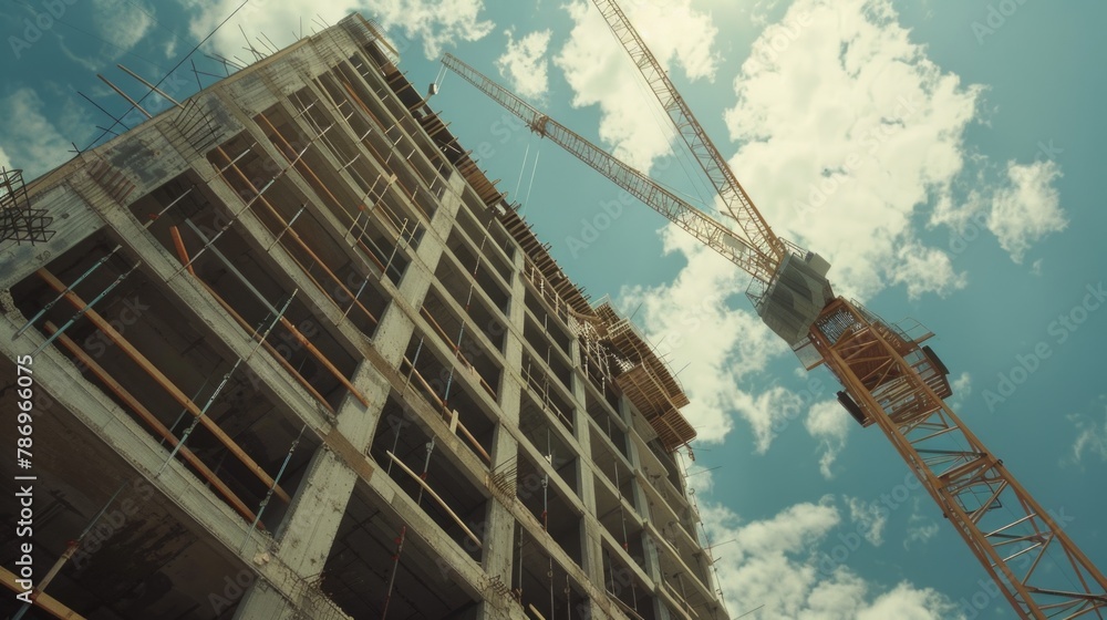 Poster a crane standing in front of a building under construction. ideal for construction industry concepts