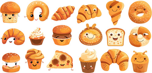 Funny cartoon bakery products, loaves, toasts and sweet pastry