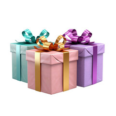 Obraz premium Beautifully wrapped gift boxes, gift boxes with vibrant ribbon, colorful multiple gift box on transparent background