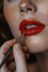 Obraz premium Close up of a person putting lipstick on her lips. Ideal for beauty and makeup concepts