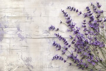 A bunch of lavender flowers on a rustic wooden table. Perfect for home decor or aromatherapy concept © Fotograf