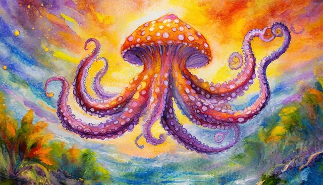 Pastel Painting expressive hyper realistic detail intricate texture octopus dancing in the air; illustration, fairytale, fiery, artistic hand drawn colorful image photograph

