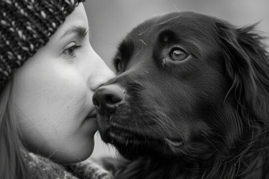 Human kissing her dog, labador
