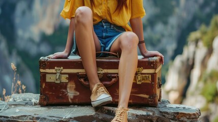 Fit female traveler in yellow shirt and blue shorts sitting on stone platform with vintage suitcase - obrazy, fototapety, plakaty