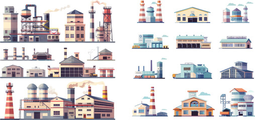Factory buildings collection exterior manufacture, gas station and refinery, engineering chemical building illustration