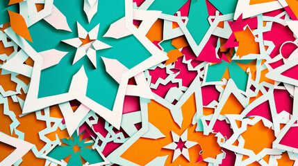 Islamic vibrancy crafts stars and tiles in a dance of turquoise and orange on white.