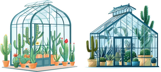 Glass botanical orangery house with cactus and tropical cultivated plants in pot - obrazy, fototapety, plakaty