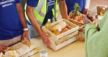 Volunteer, people and hands with food to homeless for community service, poverty relief and helping. NGO, collaboration and charity donation with outreach, collection and meal box for giving back