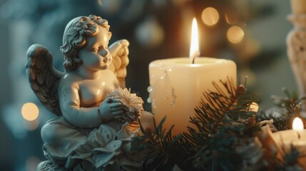 A peaceful scene with an angel figurine next to a candle. Suitable for religious or spiritual themes - obrazy, fototapety, plakaty