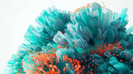 "Teal and coral glass explosion evokes fluid reef shapes."
