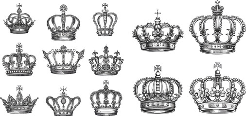  Luxury crowns sketch, queen or king coronation doodle and majestic princess tiara