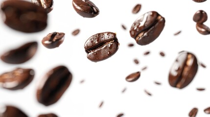 Coffee beans flying through the air, perfect for coffee shop promotions.